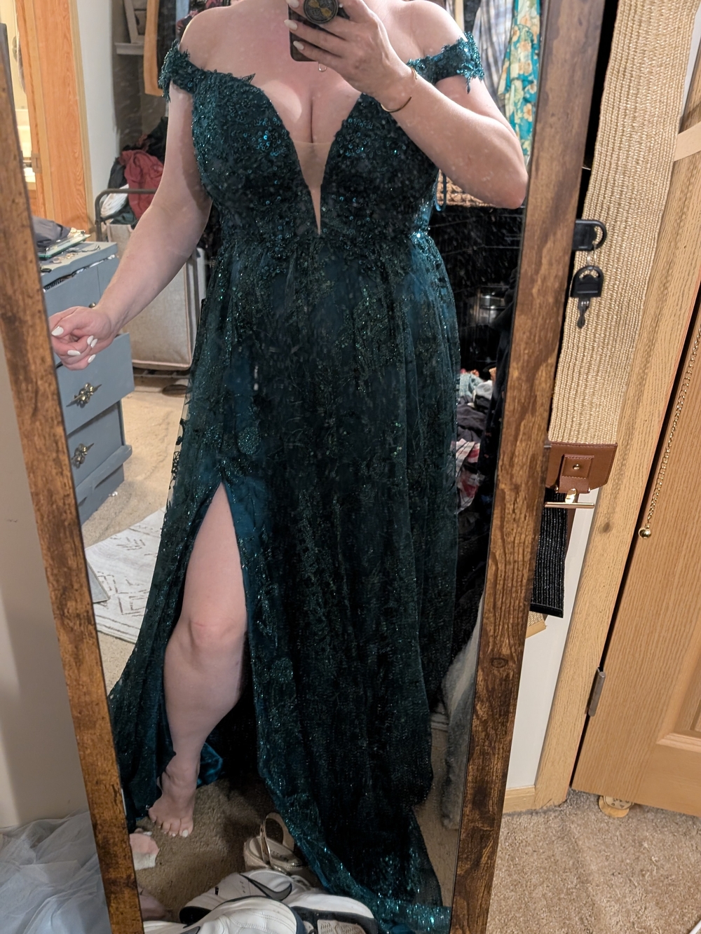 Emerald Green Off-Shoulder Sequin Prom Gown with Thigh Slit